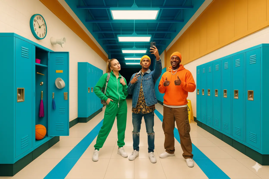 Décor immersif KONEO “Highschool” : couloir d’école américain aux couleurs pop avec casiers turquoise et ambiance teen movie, parfait pour photos de groupe et expériences fun.