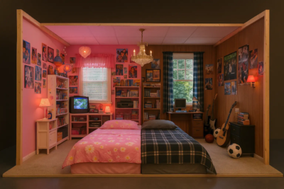 Décor immersif KONEO “Chambre 2000” : reconstitution réaliste d’une chambre d’ados du début des années 2000, parfaite pour selfies, shootings et clips nostalgiques.