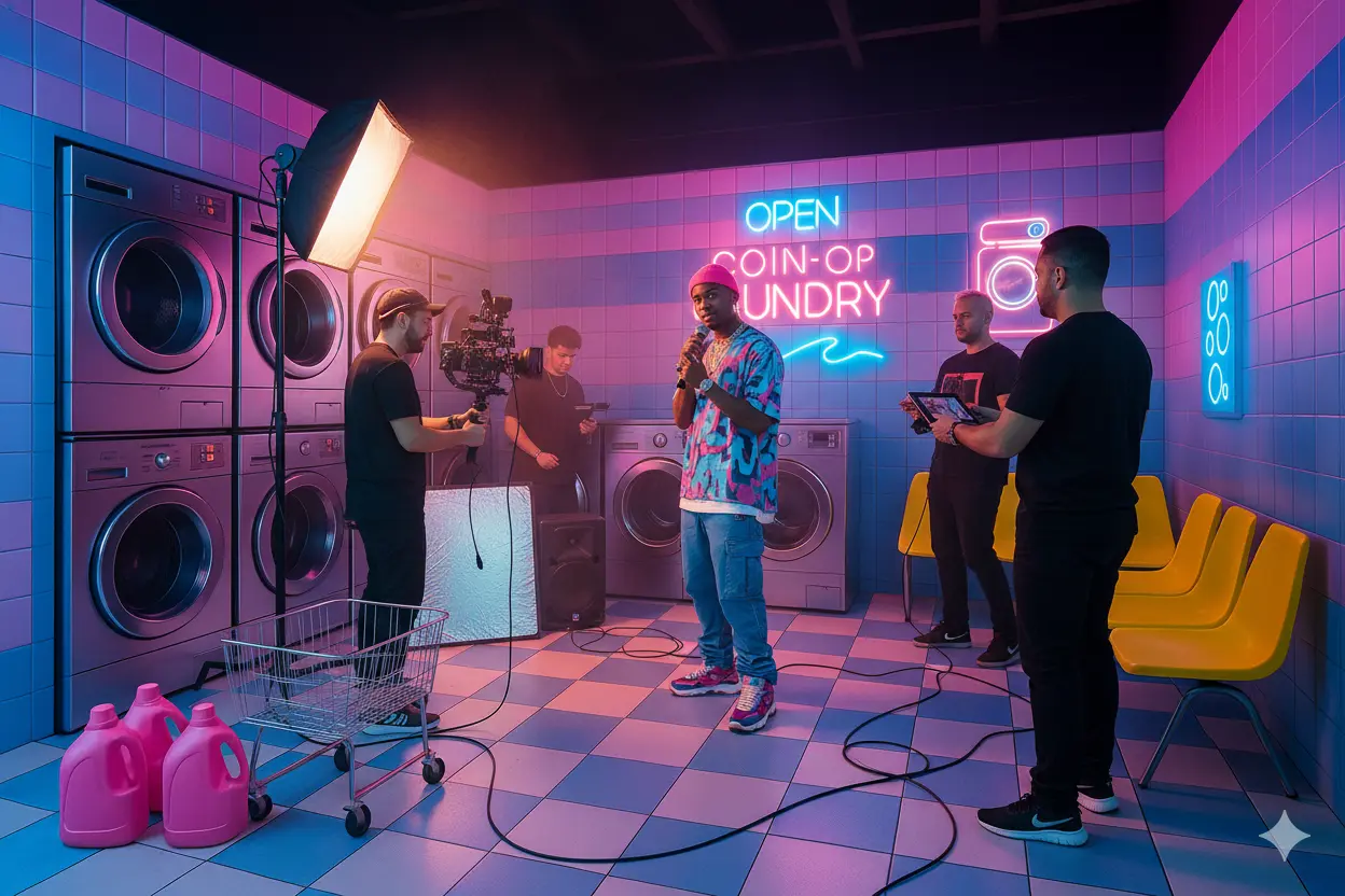 Studio photo immersif KONEO : décor laverie rétro-futuriste pour tournages professionnels, shootings vidéo et clips musicaux.