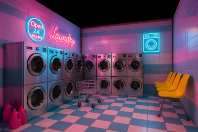 Décor immersif KONEO “Lavomatic” : laverie éclairée de néons rose et bleu, parfaite pour selfies, shootings et clips à l’ambiance pop et colorée.