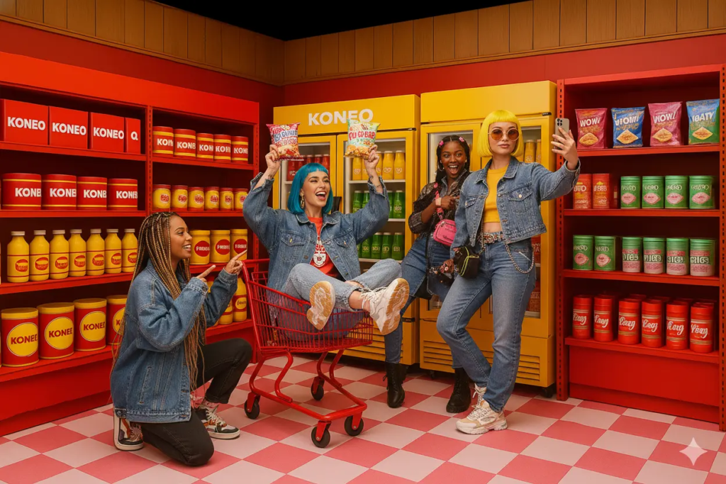 Décor immersif KONEO “Épicerie pop” : un mini-supermarché rétro rouge et jaune où tout est mis en scène pour des photos vitaminées. Parfait pour selfies, shootings colorés ou tournages fun.