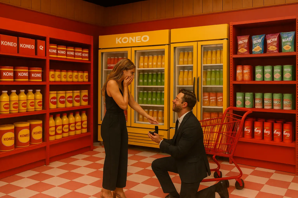 Demande en mariage réalisée dans le décor immersif “Épicerie KONEO”. Ce décor pop et graphique, inspiré d’une supérette rétro aux couleurs vives, offre un cadre original et joyeux pour une demande en mariage hors du commun.