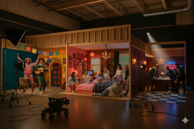 Studio immersif KONEO : décors variés incluant chambre 2000s, ambiance mexicaine et casino rétro pour shootings photo et tournages professionnels.