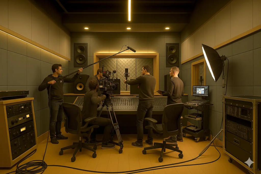 Équipe de tournage en plein enregistrement dans un studio professionnel équipé, au sein du studio immersif KONEO.