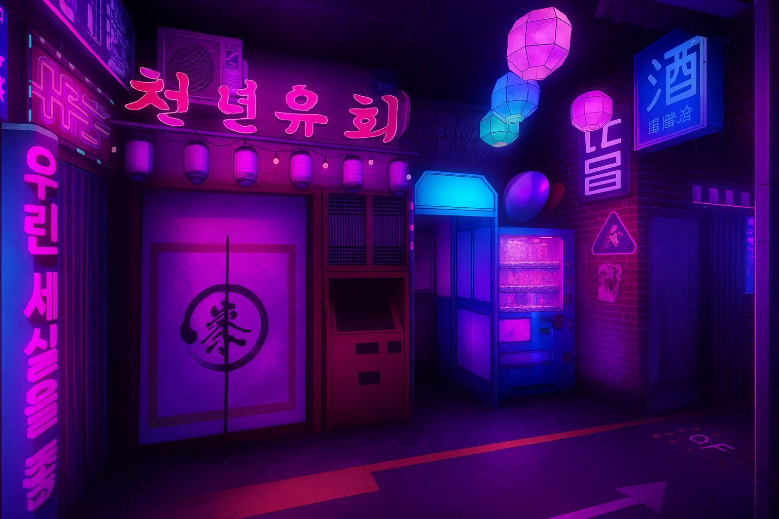 Une ruelle silencieuse, baignée d’un halo magenta et bleu électrique, semble flotter hors du temps. Les lanternes suspendues diffusent une lumière chaude au-dessus d’une façade ornée de calligraphies lumineuses, tandis qu’un distributeur automatique éclaire la scène de son reflet rose liquide. Chaque enseigne raconte une histoire : un restaurant fantôme, un izakaya oublié, un salon photo dissimulé derrière un rideau sombre… L’ensemble compose un théâtre urbain où l’imaginaire remplace le réel. Le mélange des textures — briques, métal, papier de riz — amplifie le sentiment d’étrangeté familière : on pourrait croire à un décor de cinéma japonais des années 90, revisité par un designer du futur. Ici, tout invite à explorer, poser, capturer, comme si cette rue n’existait que pour devenir une image, une trace, une scène suspendue dans le néon.