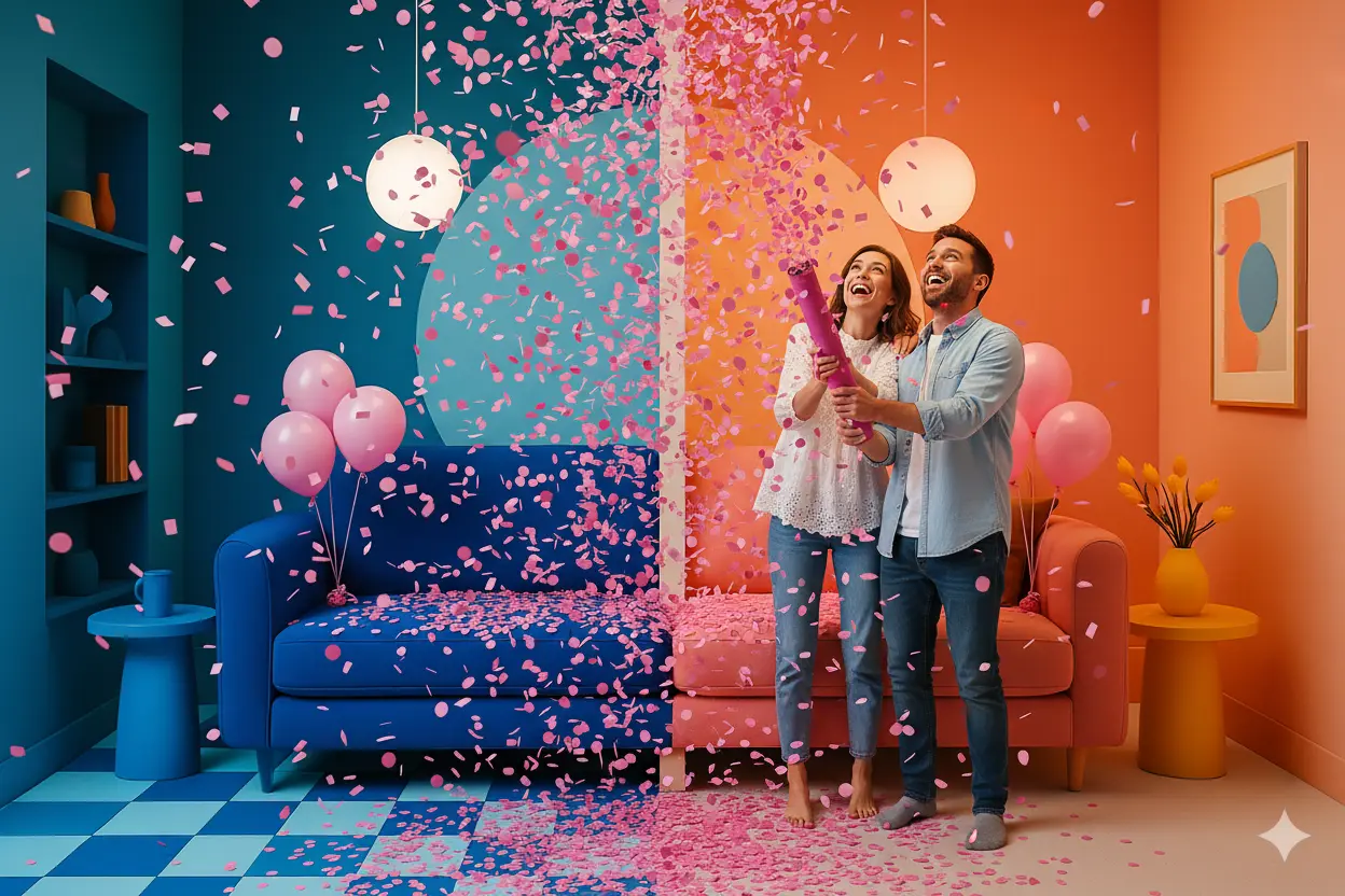 Gender reveal réalisé dans le décor immersif “Canapé bicolore” de KONEO. Un espace pop et moderne, parfait pour annoncer la bonne nouvelle dans un cadre photogénique et vibrant. Le contraste bleu/rose met en scène la révélation du sexe du bébé avec un effet visuel spectaculaire.