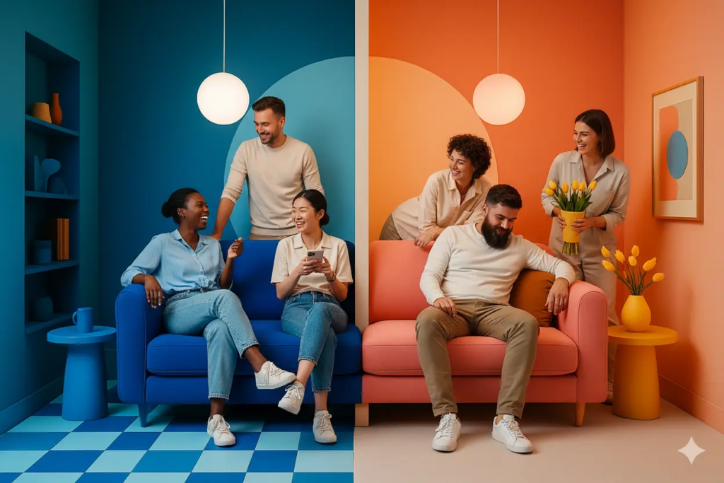 Photo d’équipe capturée pendant un team building dans le décor “Canapé bicolore” de KONEO. Cet espace immersif, à la fois design et symbolique, met en scène la dualité et la complémentarité des talents au sein d’un groupe. Idéal pour des shootings corporate originaux et fédérateurs.