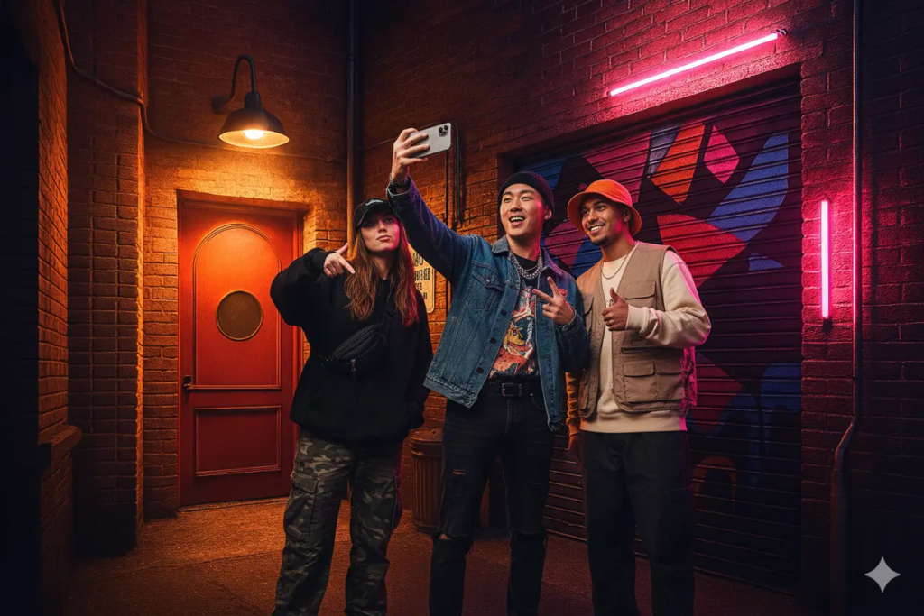 Décor immersif KONEO “Ruelle urbaine” : ambiance de rue stylisée avec briques, enseignes lumineuses et graffitis colorés, idéale pour photos de nuit, clips et shootings street.