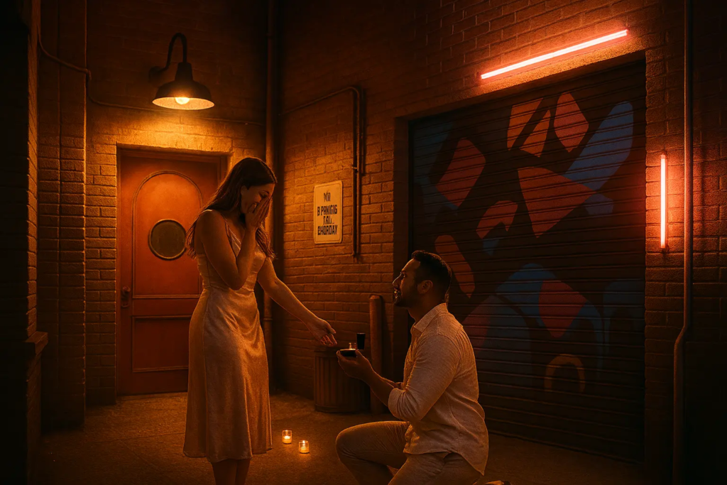 Demande en mariage réalisée dans le décor immersif “Ruelle” de KONEO. Ce décor à l’ambiance nocturne et chaleureuse, inspiré des ruelles new-yorkaises, offre un cadre à la fois intime et spectaculaire pour capturer un “oui” inoubliable.