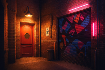 Studio immersif KONEO : décor de ruelle nocturne en briques avec porte rouge et éclairage néon, parfait pour clips, courts-métrages et shootings créatifs.