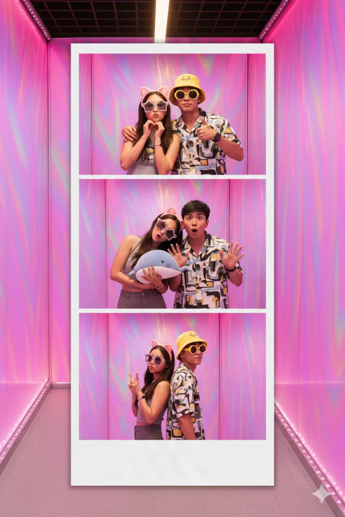 Cabine de photobooth coréen de chez KONEO “Cabine Irisée” : un photobooth aux murs nacrés qui diffusent des reflets multicolores. Un espace doux et onirique pour des photos lumineuses et originales.