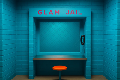 Décor bleu vif représentant un parloir de prison stylisé, avec un tabouret orange, un téléphone mural et l’inscription “Glam Jail” en lettres rouges.