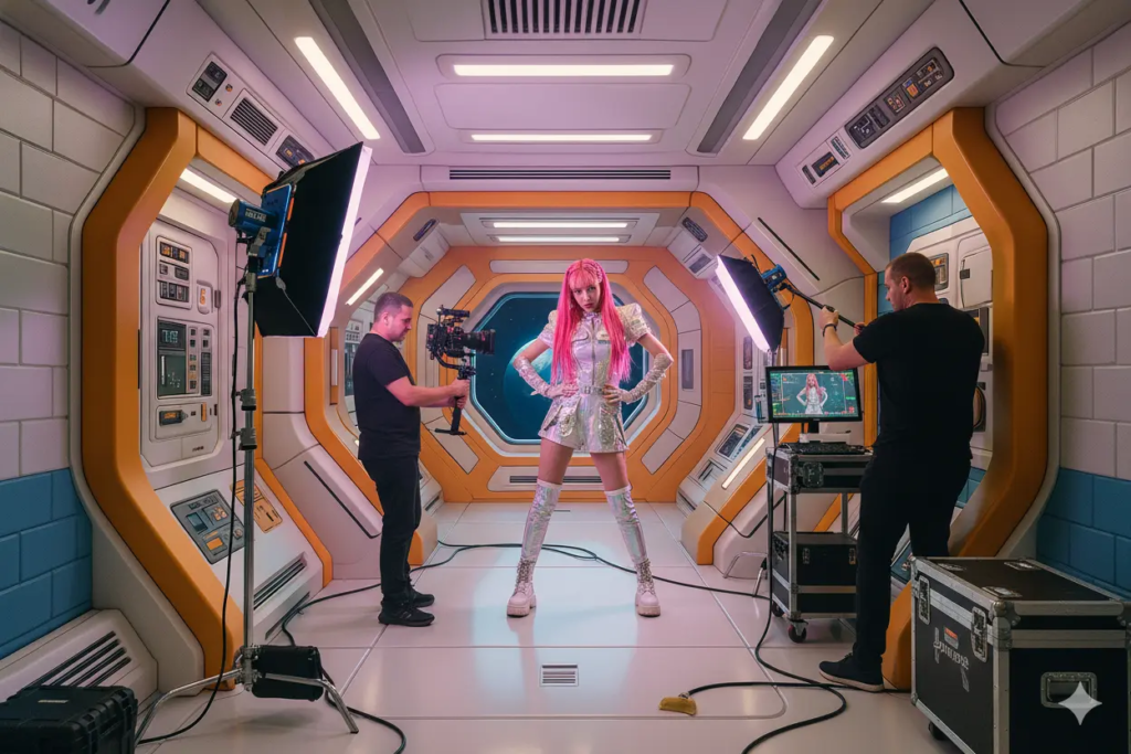 Studio immersif KONEO : décor de vaisseau spatial rétro pour tournages professionnels, shootings photo et clips de style K-pop.
