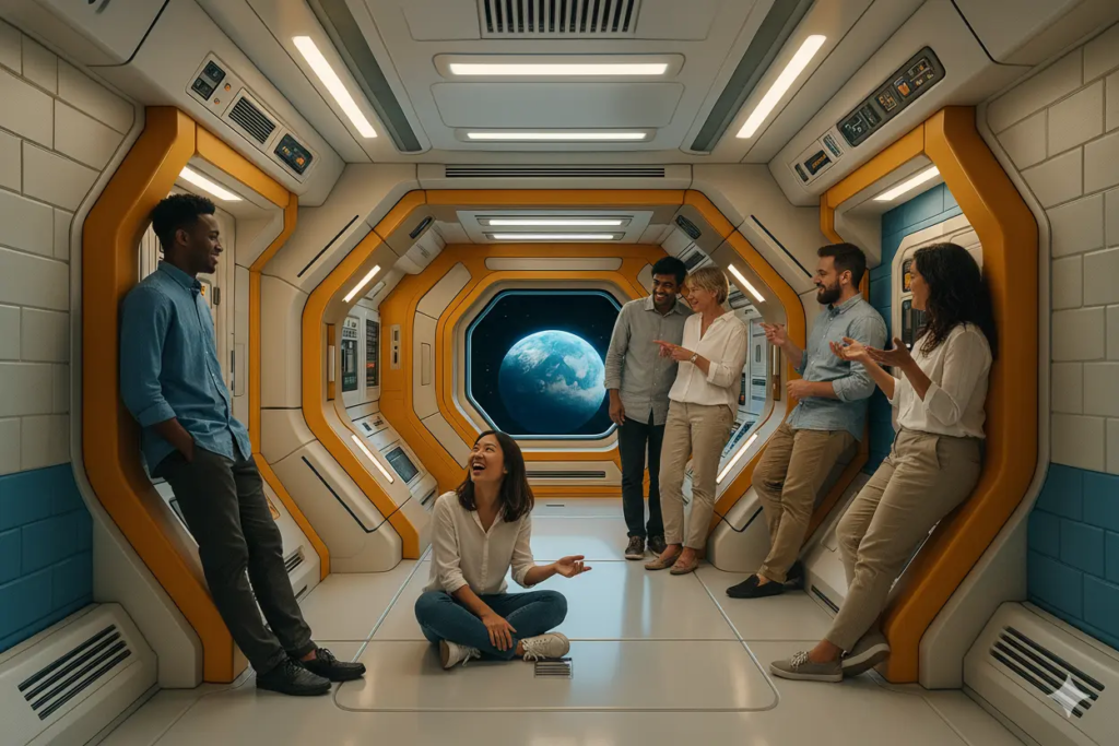 Shooting d’équipe réalisé lors d’un team building dans le décor immersif “Vaisseau spatial” de KONEO. Ce décor à l’ambiance futuriste offre une expérience unique, parfaite pour renforcer la cohésion tout en réalisant des photos d’équipe spectaculaires.