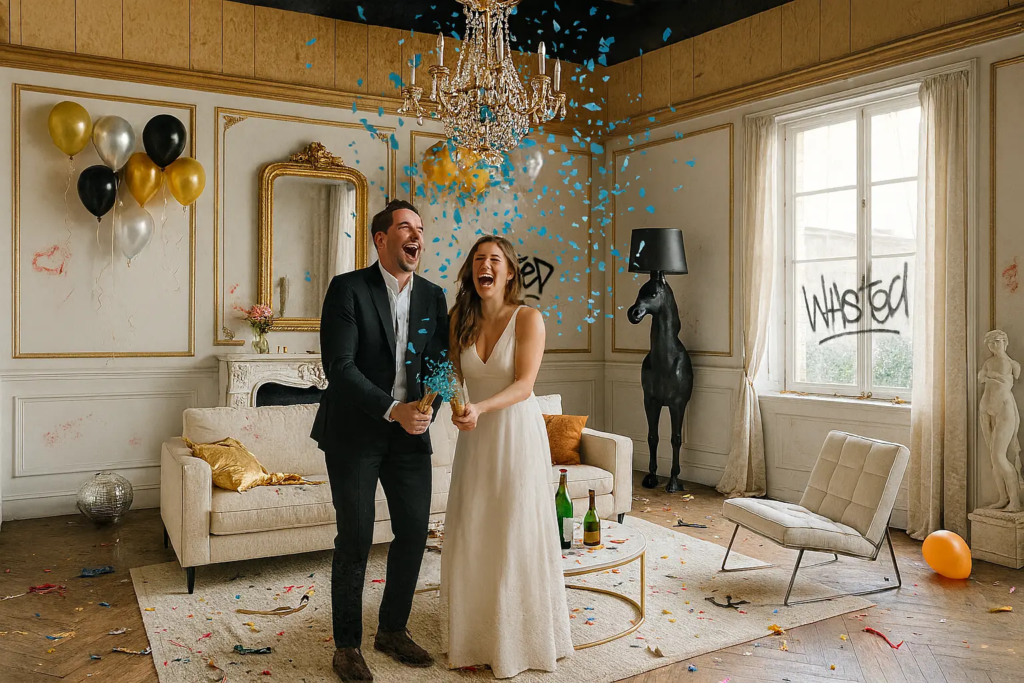 Gender reveal réalisé dans le décor immersif “Hangover” de KONEO. Ce décor chic et festif, entre élégance parisienne et ambiance after party, offre un cadre original et photogénique pour immortaliser l’annonce du sexe du bébé dans un tourbillon de confettis bleus.