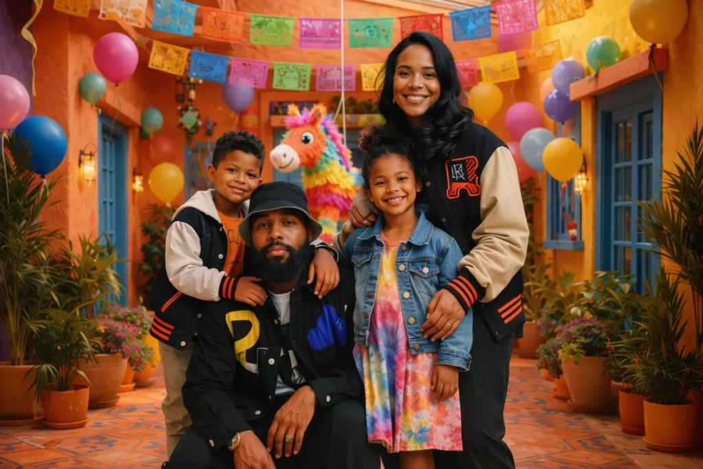 Photo d'une famille de 2 adultes et 2 enfants qui posent dans le décor immersif “Piñata" de KONEO.