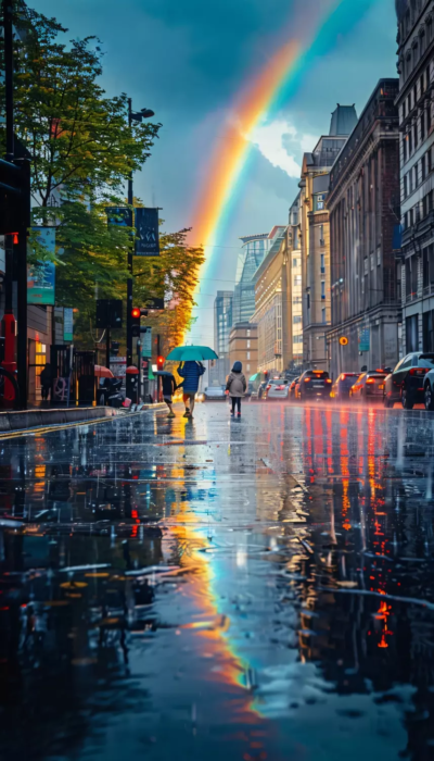 Photo d'un arc-en-ciel dans une rue de Paris, après une pluie