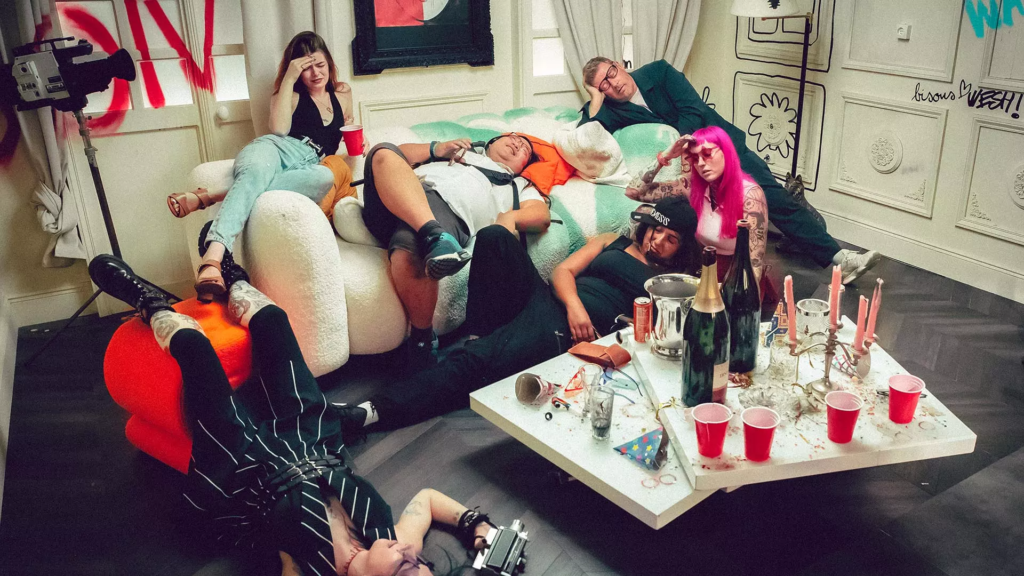 Groupe de personnes affalées dans un salon après une fête, entourées de bouteilles, gobelets et accessoires, dans une mise en scène décalée.