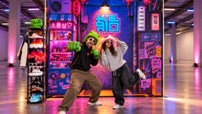 Deux personnes posant avec des accessoires amusants devant un décor photo immersif inspiré de Séoul, illuminé de néons colorés.