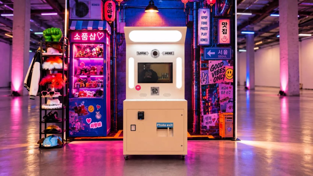 Texte alternatif : Photomaton blanc installé devant un décor immersif inspiré de Séoul, aux couleurs néon rose, bleu et violet. Autour de la machine, des enseignes coréennes lumineuses, des accessoires colorés et des éléments graphiques façon rue de Séoul créent une ambiance K-pop contemporaine. L’ensemble est présenté dans un grand espace événementiel industriel, avec un éclairage coloré se reflétant sur le sol.